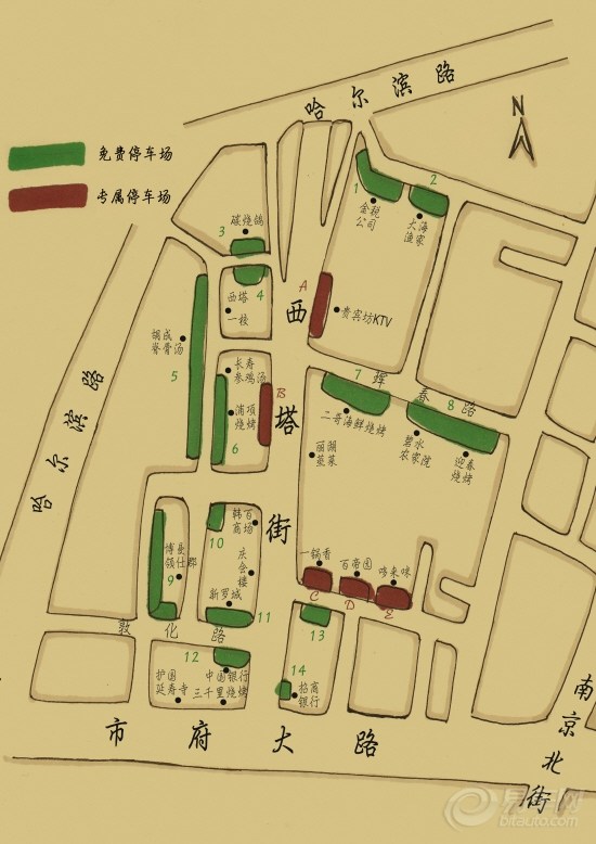 这一期推出的是沈阳颇有特色的西塔商圈的停车地图.